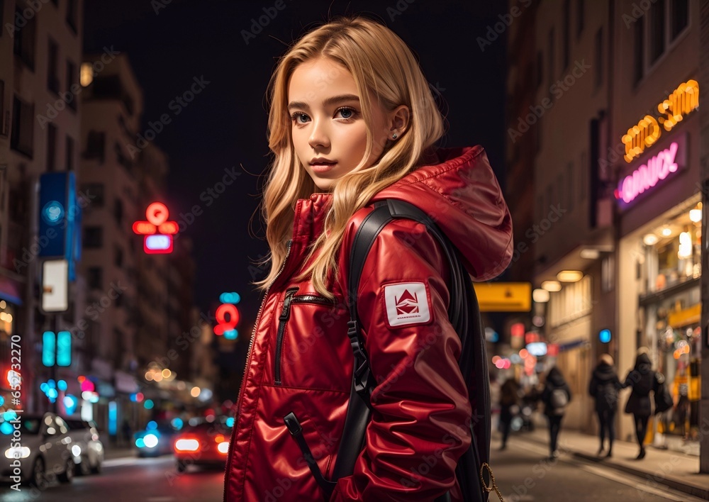 close up A young blonde girl in a red jacket with a hood and with a backpack on the street of the evening city illuminated by neon light