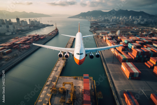 Plane flying over container port in a big city. Transportation and logistics concept