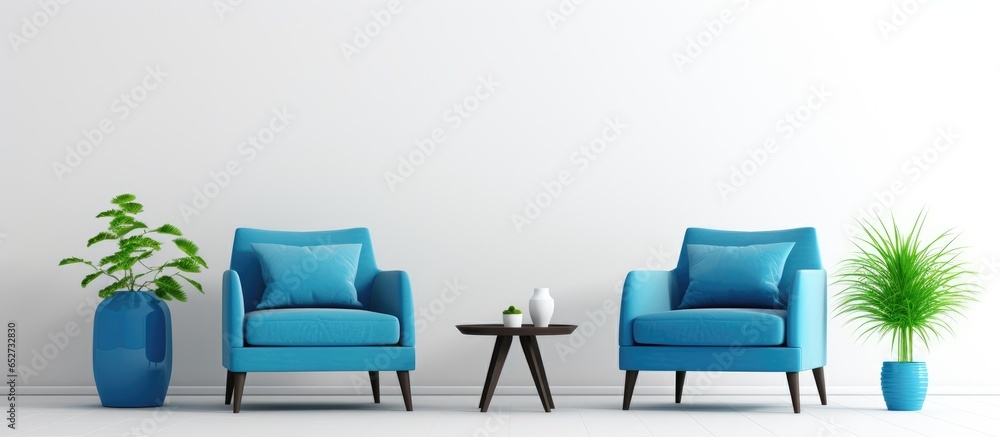 Contemporary living room with blue armchairs white flooring and wall in