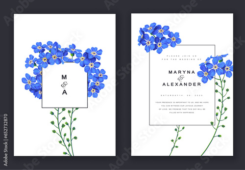 Vector template advertising, postcards, social media banners set of flowers forget-me-nots. Realistic, hand drawn, detailed floral elements in Save the Date's floral design wedding invitation template