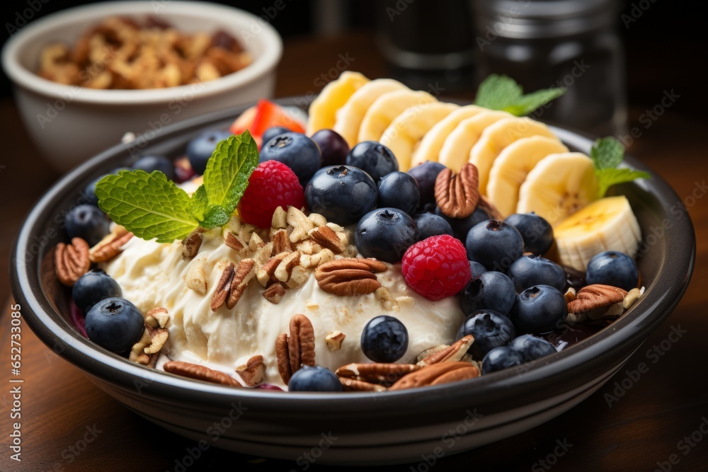 Bowl of comforting oatmeal with toppings, Generative AI Bowl of comforting oatmeal with toppings, Generative AI