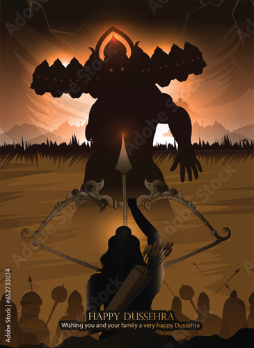 creative poster,banner illustration of hand lettring calligraphy of indian festival dussehra with Lord Rama holding Bow and Arrow killing ravana.