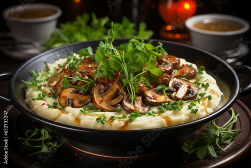 Bowl of creamy risotto with mushrooms  Generative AI