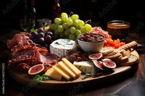Charcuterie board with assorted meats and cheeses, Generative AI