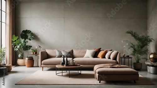 Modern interior design of living room with empty concrete wall background.