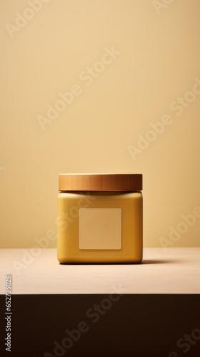 Product photo of biological natural cream in glass jar with wooden lid for mockups, Generative AI photo