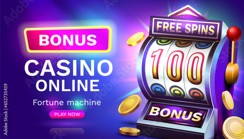 Slots free spins 100, promo flyer poster, banner game play. Vector illustration