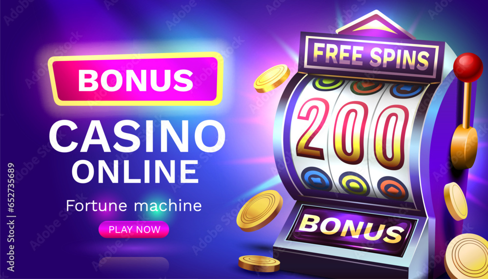Slots free spins 200, promo flyer poster, banner game play. Vector illustration