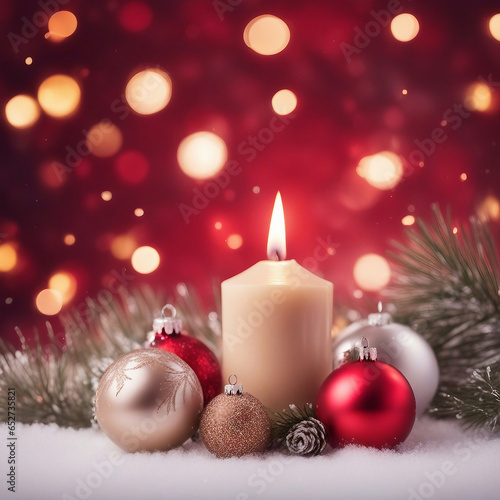 christmas candle, christmas balls, candy canes and pine branches with snowfall