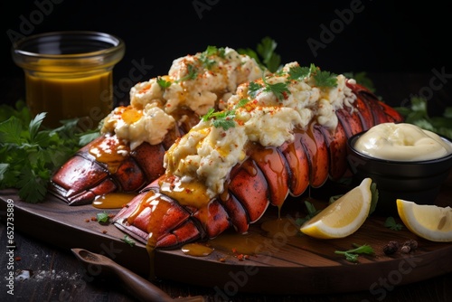  Juicy lobster tail with melted butter, Generative AI photo