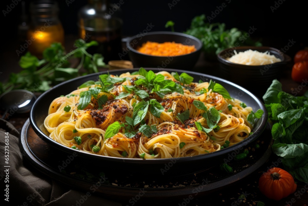 Rustic bowl of pasta with fresh herbs, Generative AI Rustic bowl of pasta with fresh herbs, Generative AI