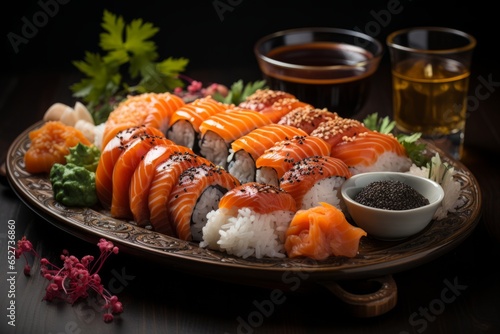 Plate of sushi nigiri with soy sauce, Generative AI