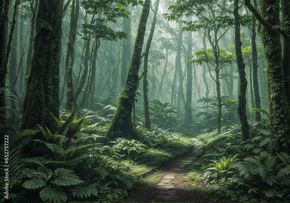 Fototapeta Verdant Canopy: Wandering Along the Mist-Clad Forest Path