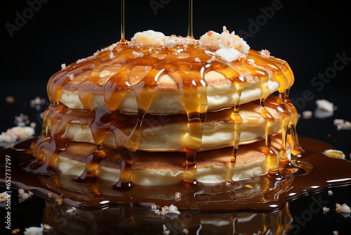 Stack of fluffy pancakes with syrup cascading down, Generative AI