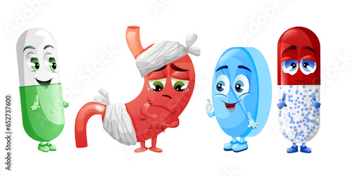 Sick sad stomach with bandage and medicine capsules characters