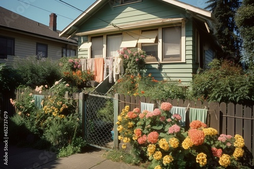 Dispute between neighbors. House with flowers and laundry on street. Generative AI