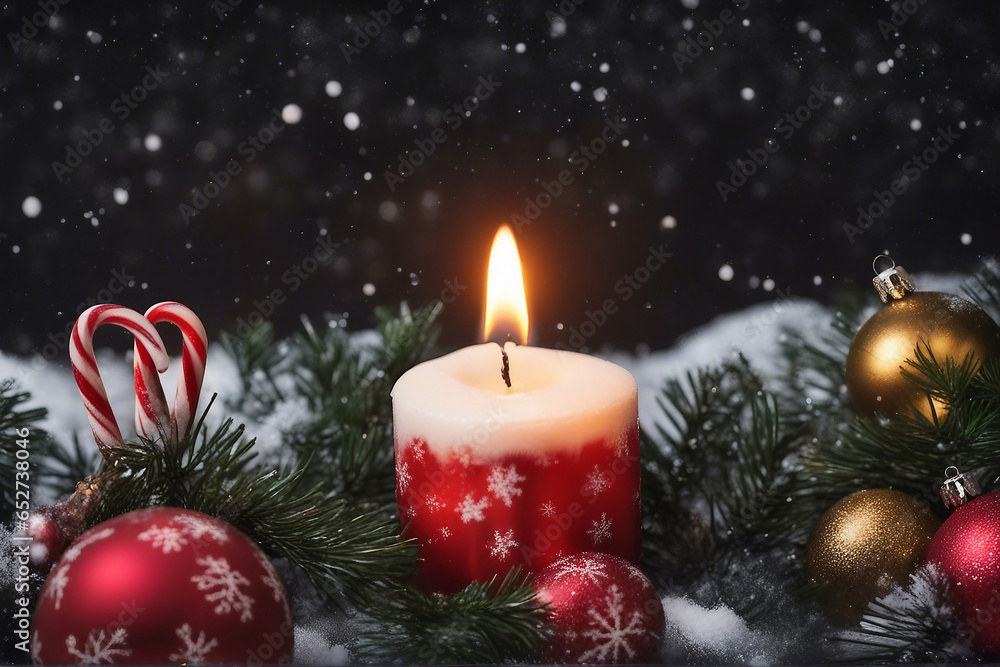 christmas candle, christmas balls, candy canes and pine branches with snowfall christmas candle, christmas balls, candy canes and pine branches with snowfall