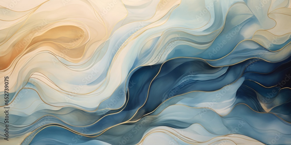 Obraz premium Abstract airy composition, Gentle colors with golden lines, Golden waves on a pastel background.
