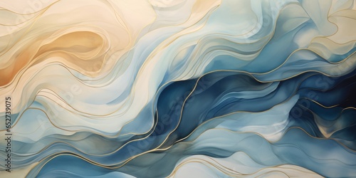 Abstract airy composition, Gentle colors with golden lines, Golden waves on a pastel background.
