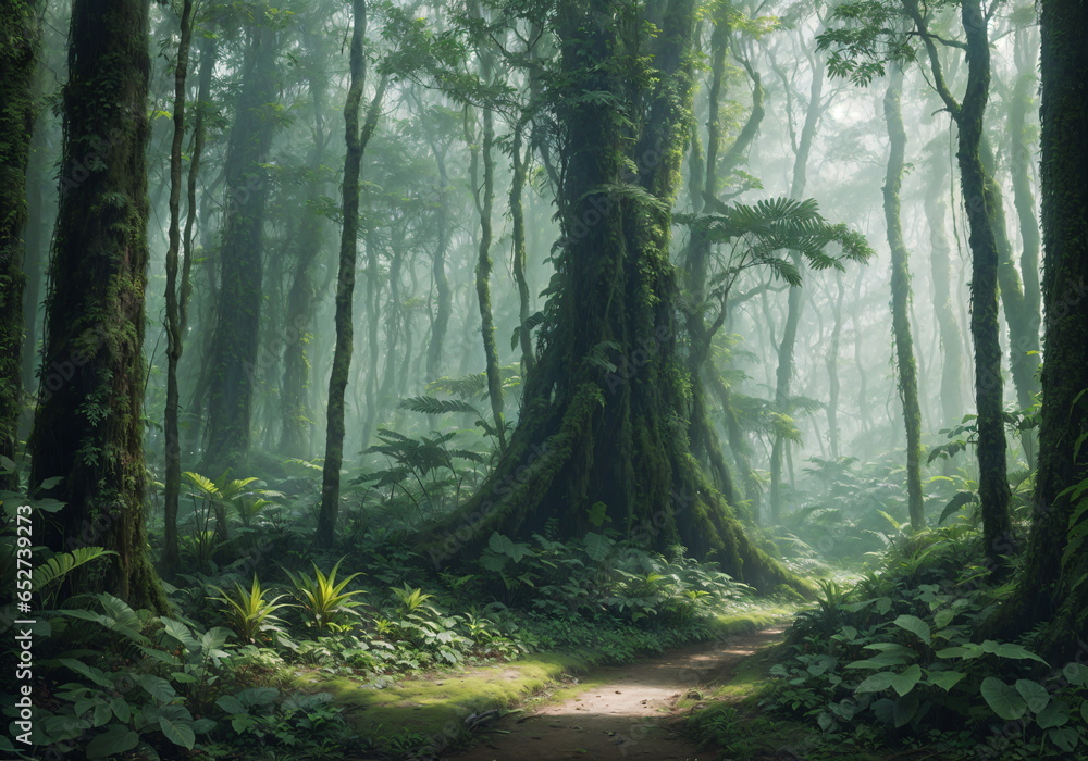Enchanted Misty Forest: A Serene Path Through Towering Trees