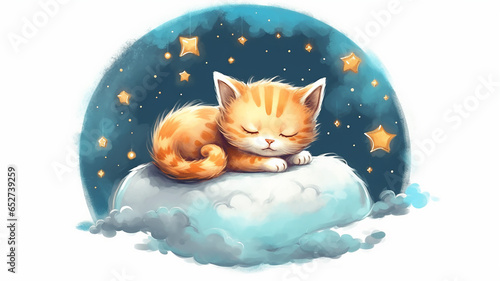 cute kitten sleeping on a cloud isolated on a white background watercolor drawing.