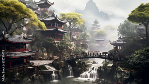 landscape in an ancient Chinese city with waterfalls and mountains.