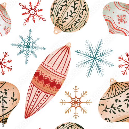 Christmas ball and snowflakes.Seamless pattern for holidays for print, fabric, textile. Digital watercolor illustration