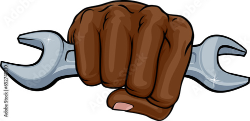 A fist hand holding a wrench or spanner in a comic book pop art cartoon illustration style.