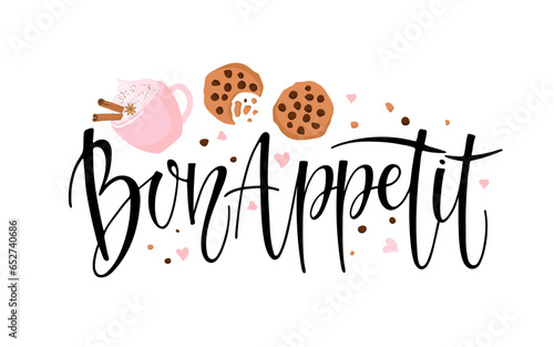 Bon appetit calligraphy lettering with cookies and creamy drink cup. Text for menu, kitchen. Phrase in French enjoy your meal. Positive inspirational phrase. Black Vector Ink illustration on white.