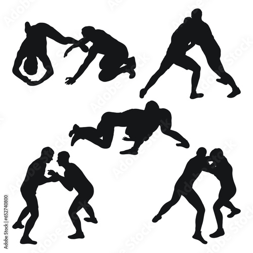 Set of silhouettes people fighting, MMA fighters. Greco Roman wrestling, fight, combating; struggle; grappling; duel, mixed martial art, sportsmanship photo