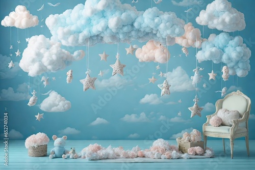 Whimsical Blue Baby Digital Backdrop Photography Background Cake Smash Pastel Backdrop Studio Overlays Photo Shoots Baby Composites Kids