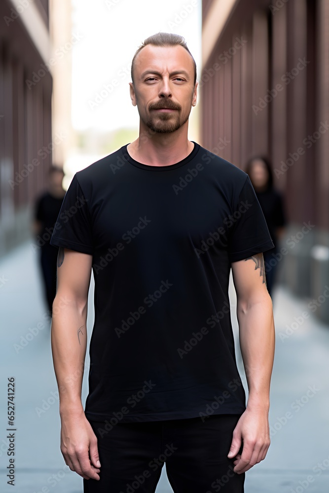 Handsome men in black t-shirt mockup Handsome men in black t-shirt mockup