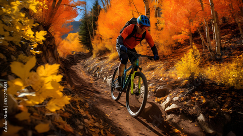 Celebrate the beauty of autumn with a mountain biker blazing through a forest adorned in vibrant fall colors. The contrast between the fiery foliage and the rider's trail adds a touch of magic. © CanvasPixelDreams