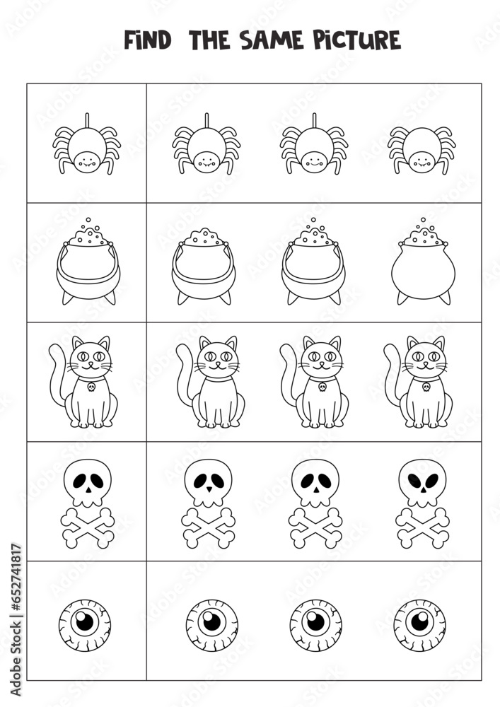 Find two the same Halloween pictures. Black and white worksheet.