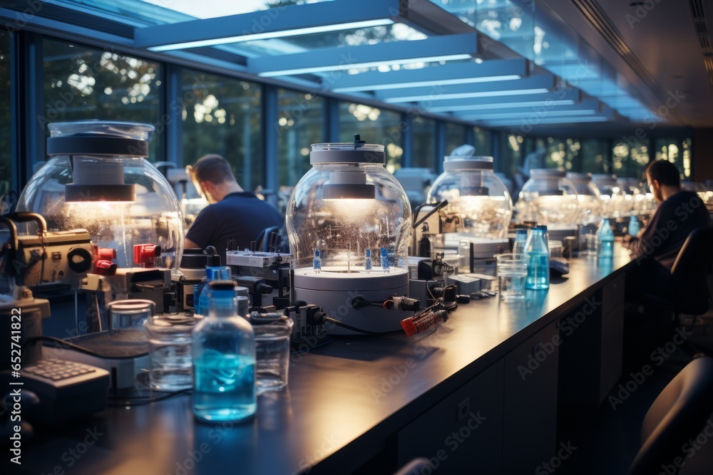 Research laboratory with scientists at workstations and a blurred background of experimental equipment, Generative AI Research laboratory with scientists at workstations and a blurred background of experimental equipment, Generative AI