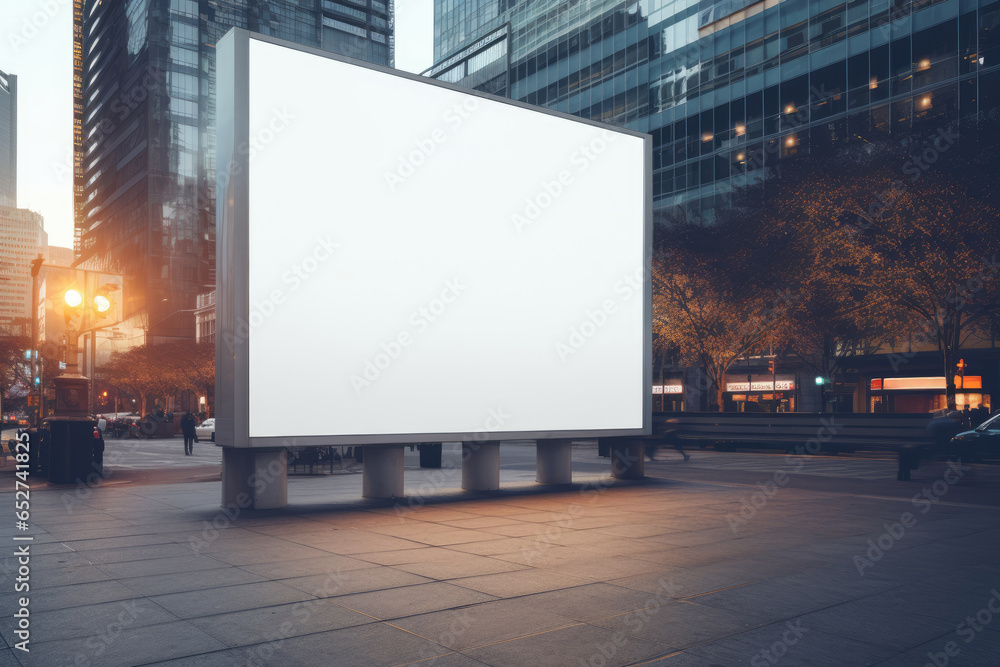 advertising white empty Billboard in the middle of the modern city area at evening