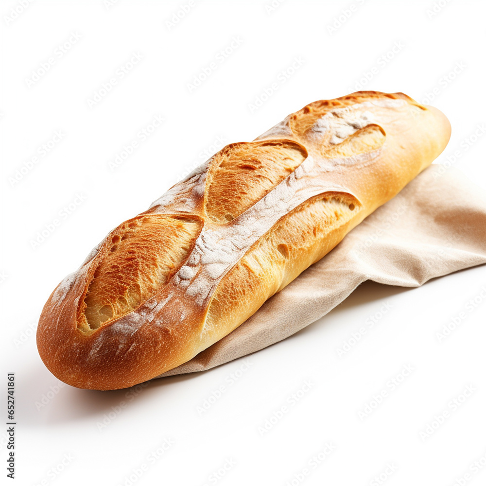Delicious sliced baguette isolated on white, ai technology