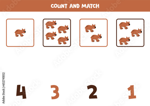 Counting game for kids. Count all wombats and match with numbers. Worksheet for children.