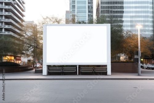 blank Billboard advertising in urban city area with bench