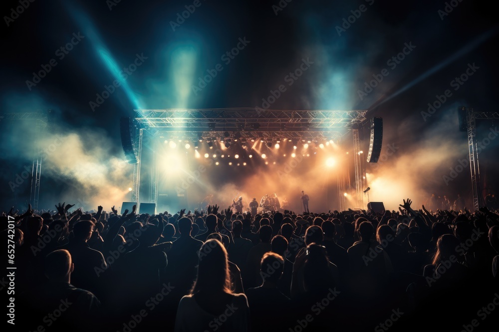 Rock concert in a large area with many visitors. - obrazy, fototapety, plakaty 