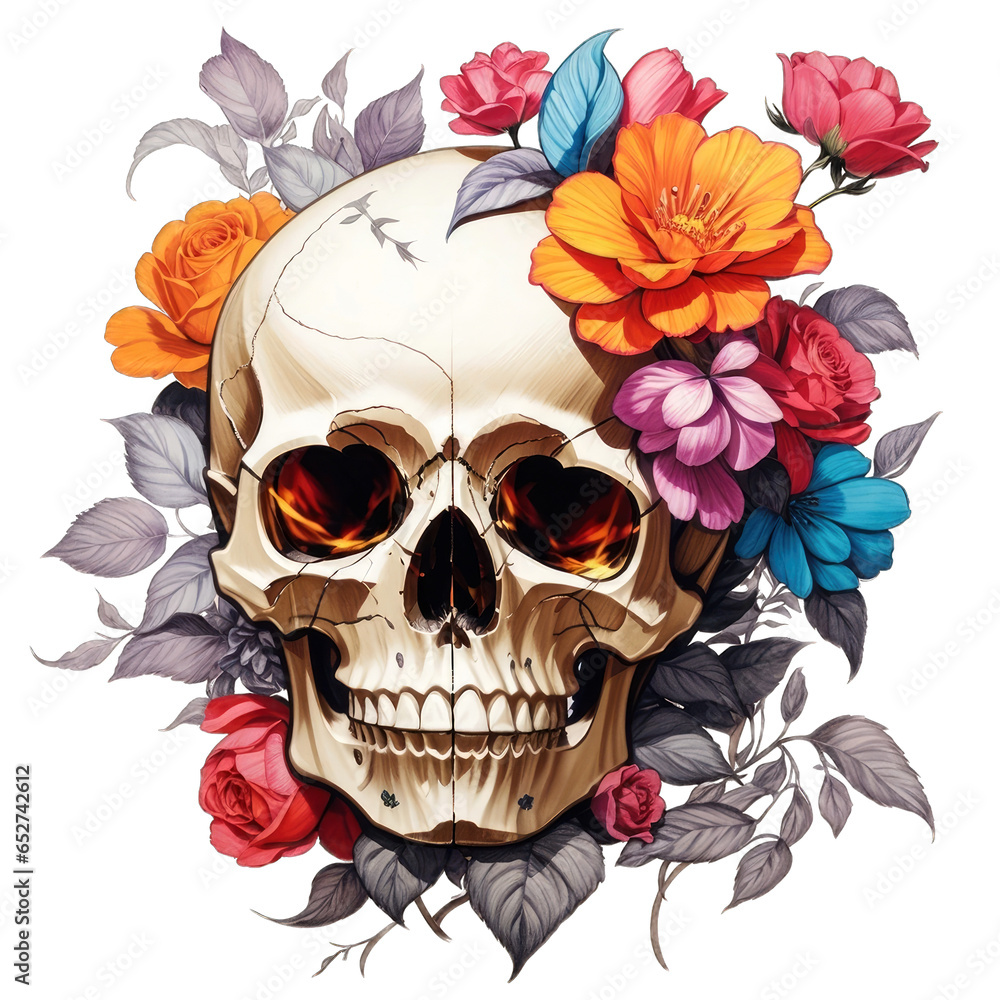 Fototapeta premium Skull covered with flowers illustration on isolated png background. Generative AI