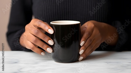 White mug in woman's hands mockup