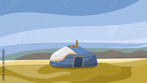 landscape with Mongol Yurt flat illustration, pattern for a poster or background
