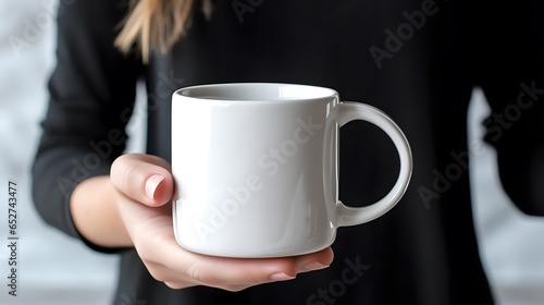White mug in woman s hands mockup