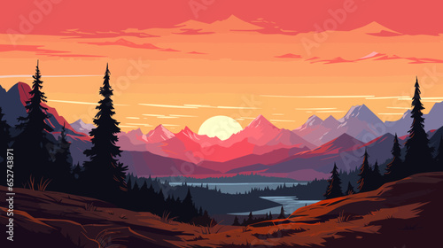 Mountain sunset landscape. Pine forest and mountain silhouettes, evening wood panorama. Vector illustration wild nature background © baobabay
