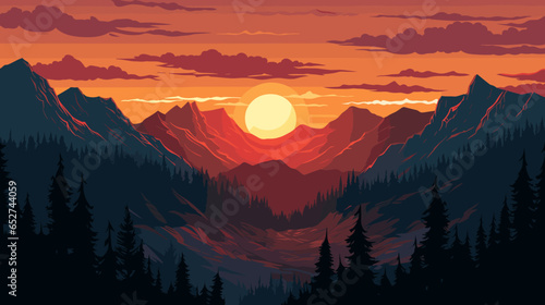 Mountain sunset landscape. Pine forest and mountain silhouettes, evening wood panorama. Vector illustration wild nature background