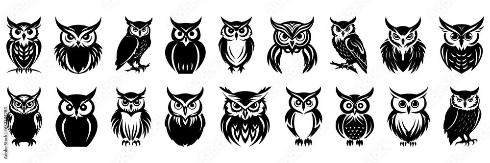 Fototapeta premium Owl bird silhouettes set, large pack of vector silhouette design, isolated white background