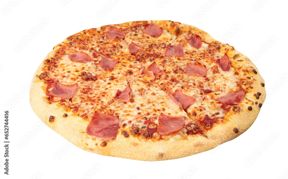 Italian Pizza Isolated, Ham Pizza with Mozzarella Cheese, Traditional Italian Flatbread Cut Out on White Italian Pizza Isolated, Ham Pizza with Mozzarella Cheese, Traditional Italian Flatbread Cut Out on White
