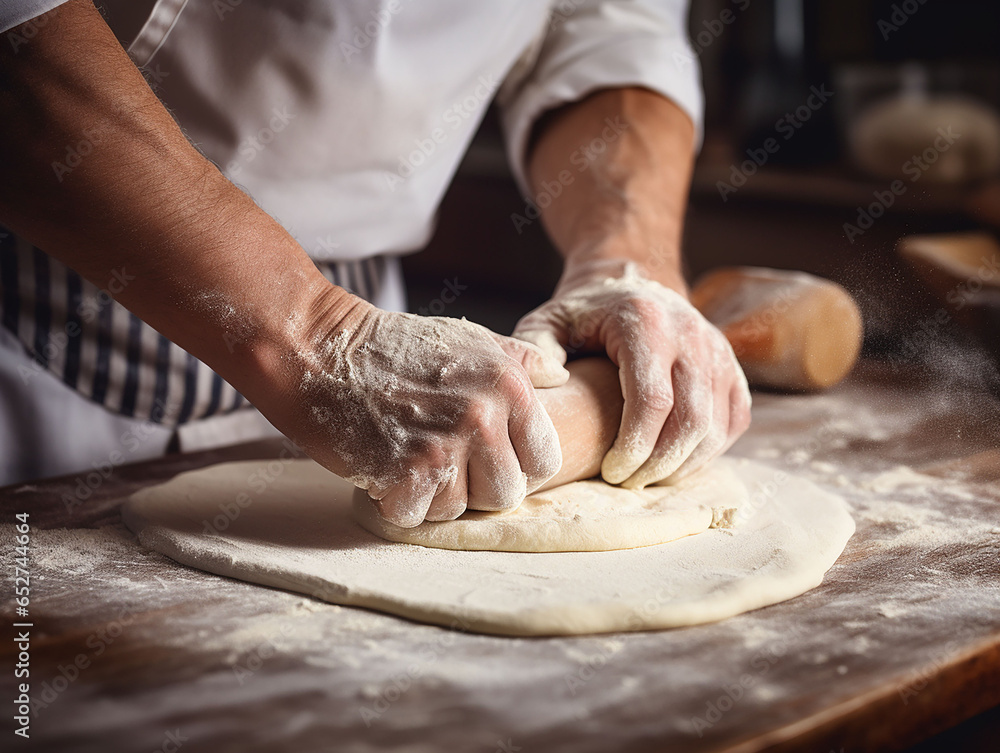 close-up of the hands of a chef who is rolling out the dough with a rolling pin