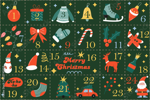 Christmas Advent calendar for countdown for 24 days. Green background with festive elements. Santa, toys, ginger bread, bell, reindeer, snowman, ugly sweater, candy